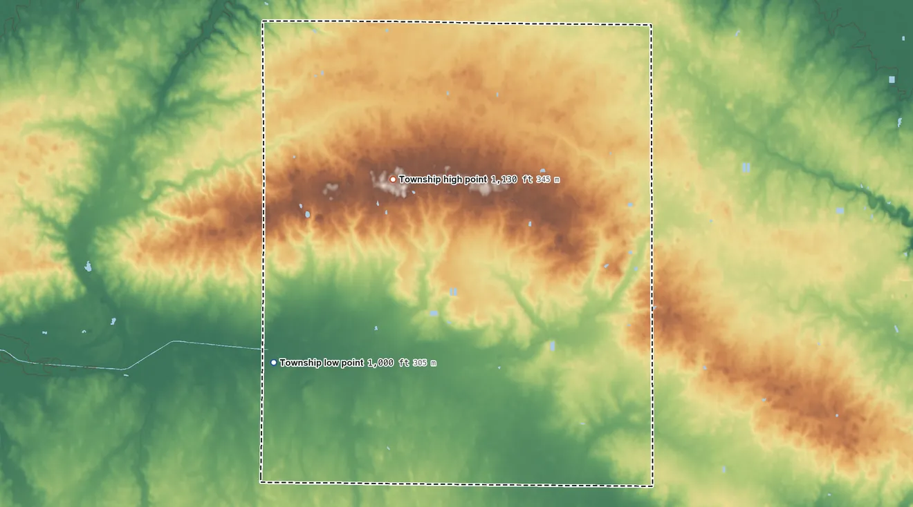 Topographic elevation map of Mississinawa Township, Ohio, shaded from 1,000 ft on the southwest side to 1,130 ft on the northwest side