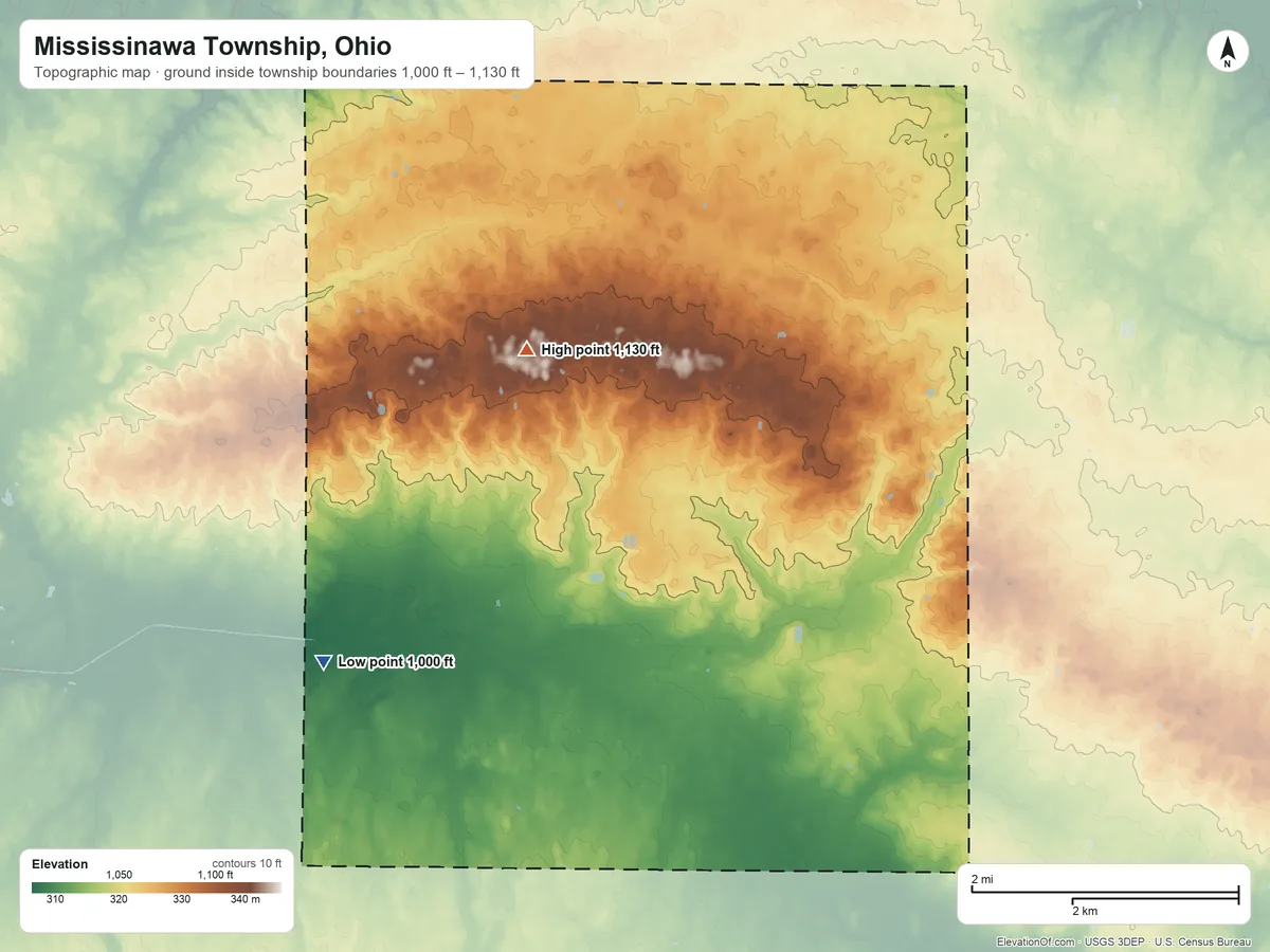 Topographic elevation map of Mississinawa Township, Ohio, shaded from 1,000 ft on the southwest side to 1,130 ft on the northwest side