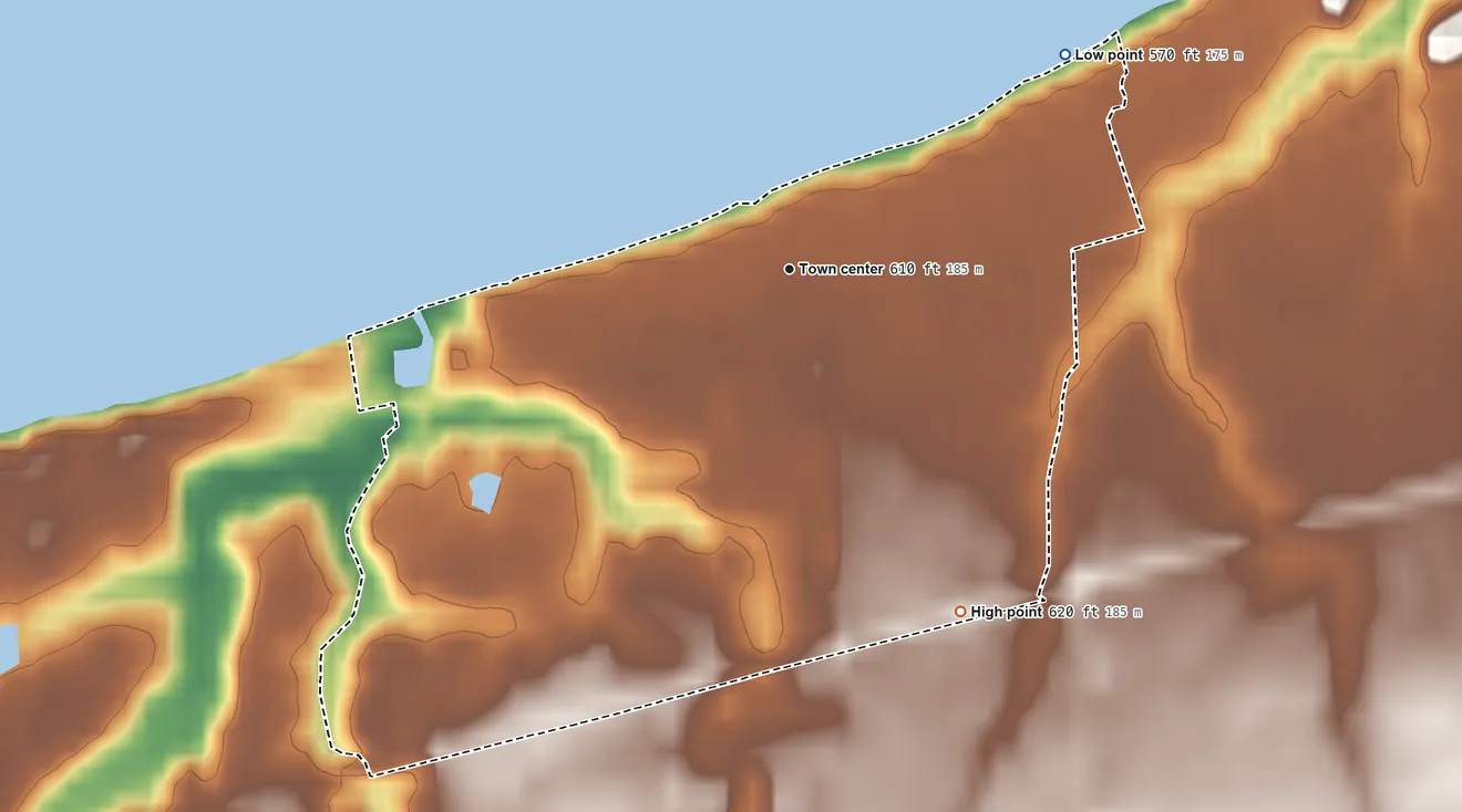 Topographic elevation map of Mitiwanga, Ohio, shaded from 570 ft on the northeast side to 620 ft on the southeast side