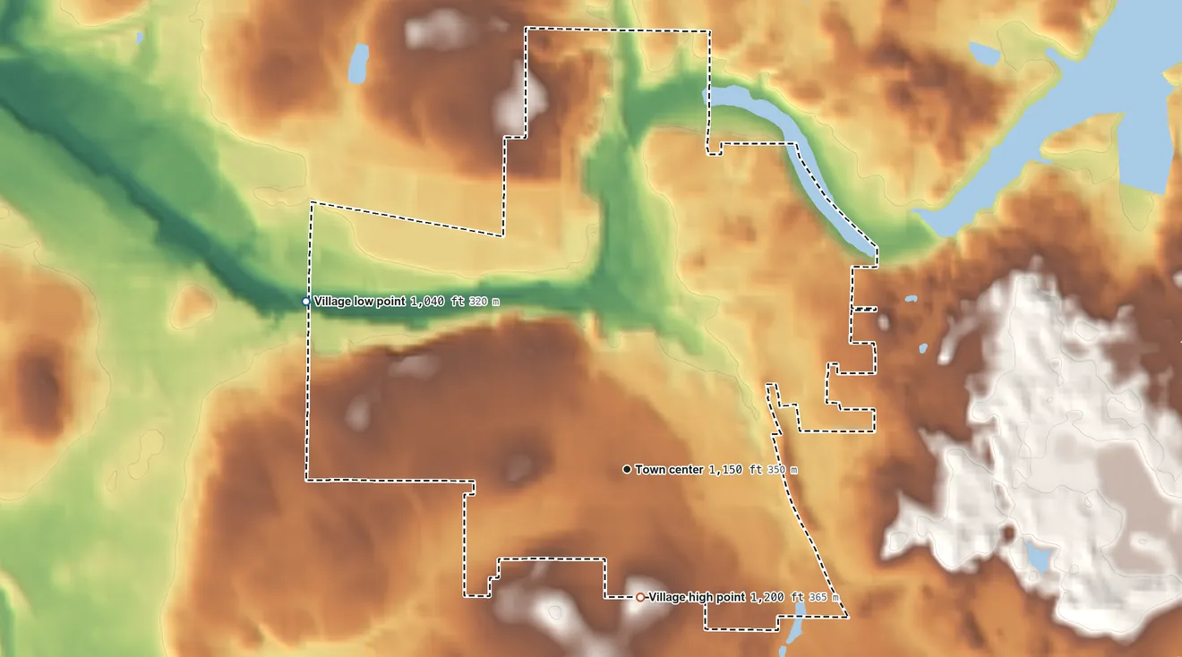 Topographic elevation map of Mogadore, Ohio, shaded from 1,040 ft on the northwest side to 1,200 ft on the south side