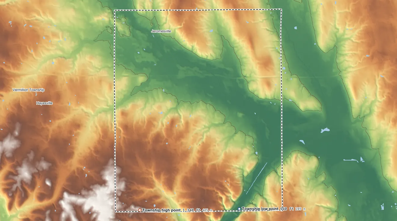 Topographic elevation map of Mohican Township, Ohio, shaded from 940 ft on the south side to 1,340 ft on the southwest side