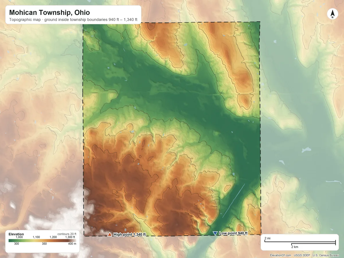 Topographic elevation map of Mohican Township, Ohio, shaded from 940 ft on the south side to 1,340 ft on the southwest side