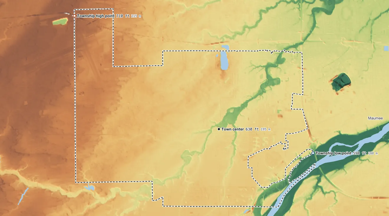 Topographic elevation map of Monclova Township, Ohio, shaded from 590 ft on the east side to 710 ft on the northwest side