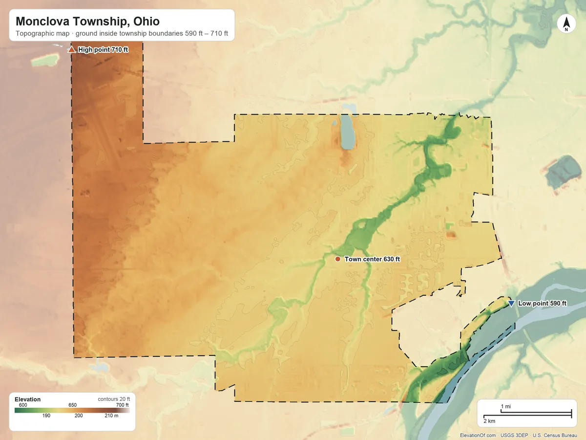 Topographic elevation map of Monclova Township, Ohio, shaded from 590 ft on the east side to 710 ft on the northwest side