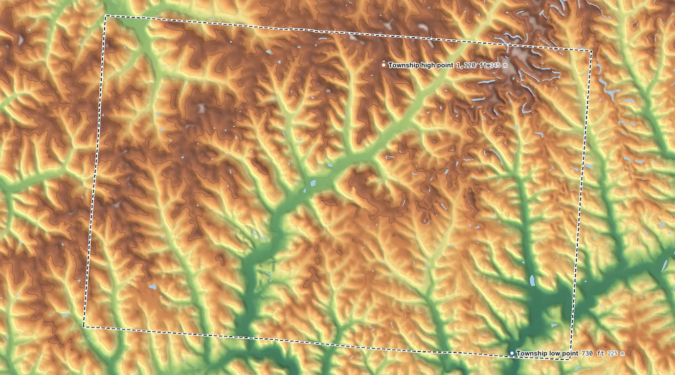 Topographic elevation map of Monday Creek Township, Ohio, shaded from 730 ft on the southeast side to 1,120 ft on the northeast side