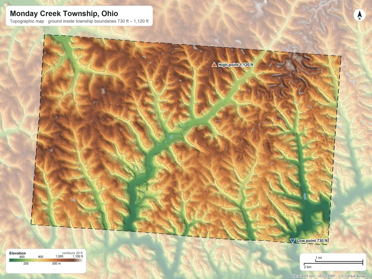 Topographic elevation map of Monday Creek Township, Ohio, shaded from 730 ft on the southeast side to 1,120 ft on the northeast side