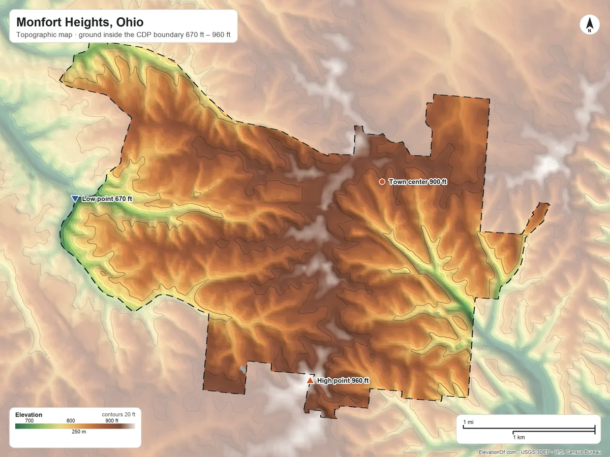 Topographic elevation map of Monfort Heights, Ohio, shaded from 670 ft on the west side to 960 ft on the south side
