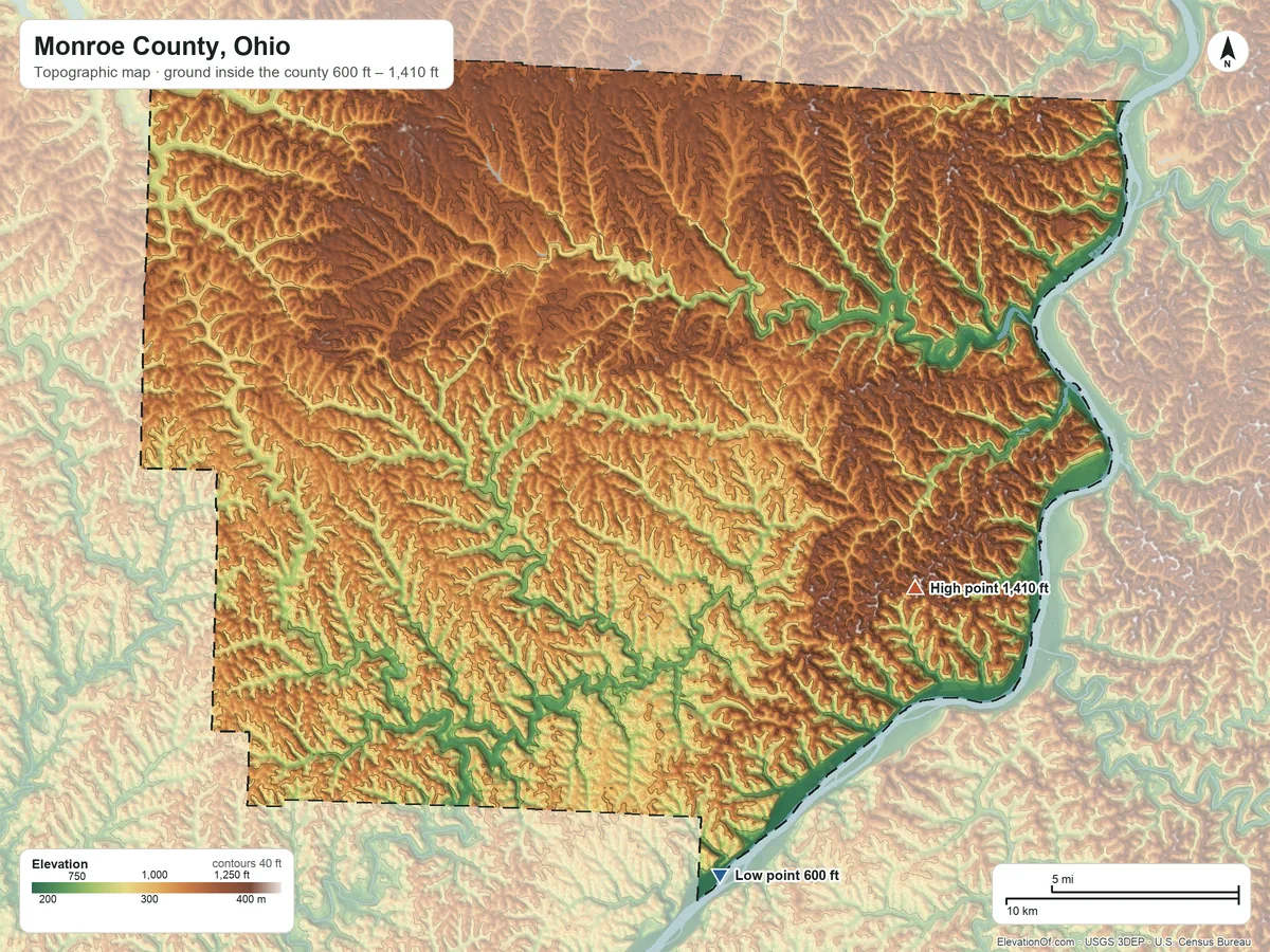 Topographic elevation map of Monroe County, Ohio, shaded from 600 ft on the south side to 1,410 ft on the east side
