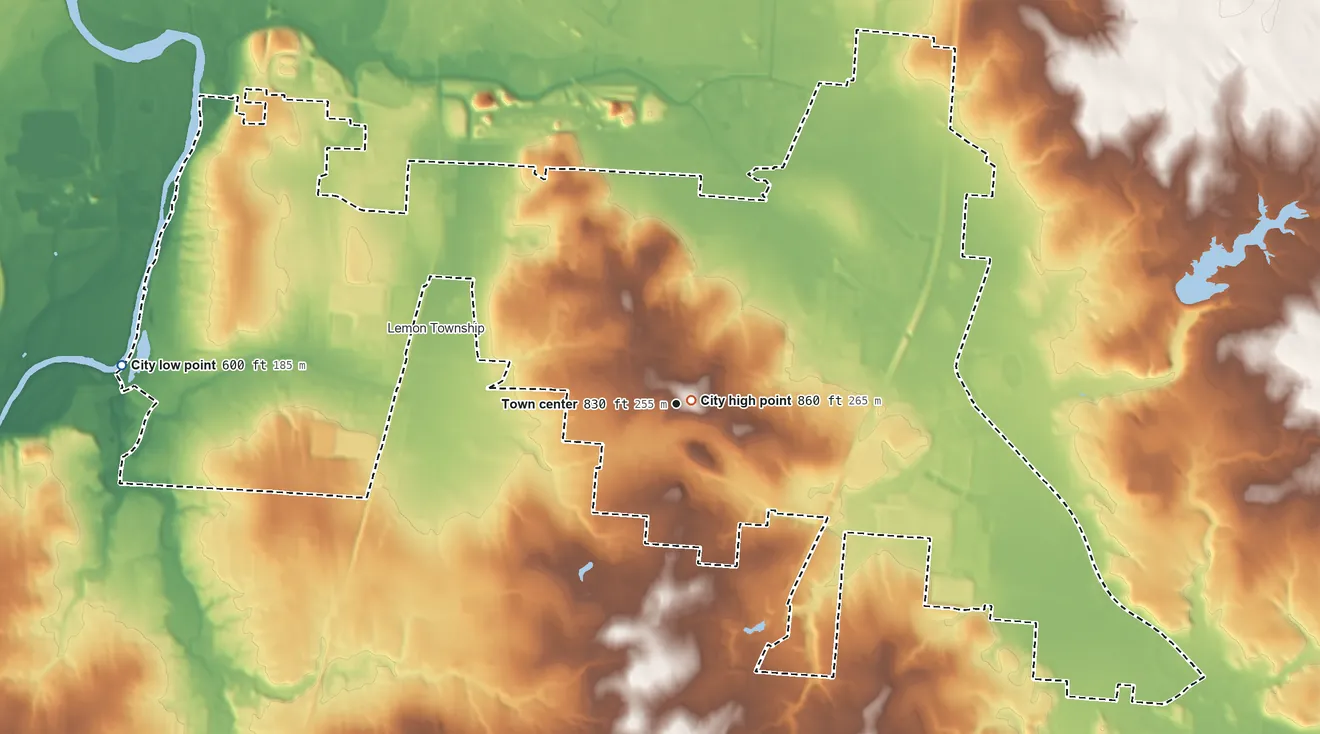 Topographic elevation map of Monroe, Ohio, shaded from 600 ft on the west side to 860 ft near the middle
