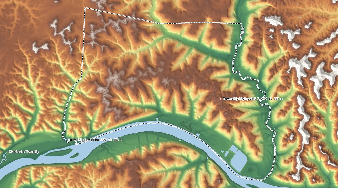 Topographic elevation map of Monroe Township, Adams County, Ohio, shaded from 490 ft on the southwest side to 1,040 ft on the east side