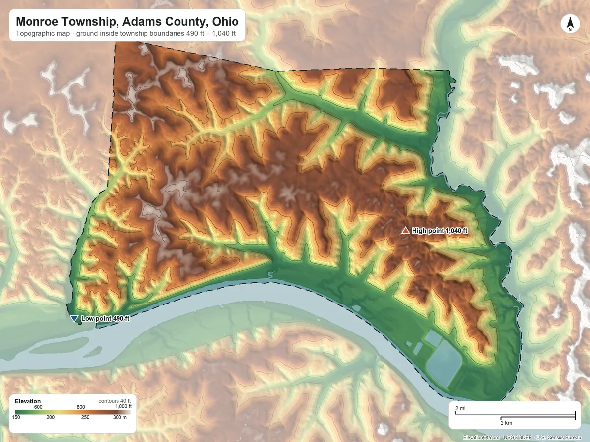 Topographic elevation map of Monroe Township, Adams County, Ohio, shaded from 490 ft on the southwest side to 1,040 ft on the east side