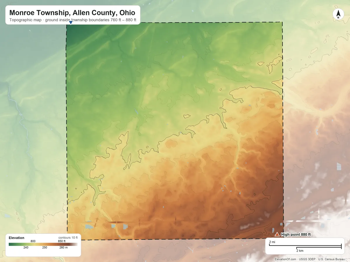 Topographic elevation map of Monroe Township, Allen County, Ohio, shaded from 760 ft on the northwest side to 880 ft on the southeast side