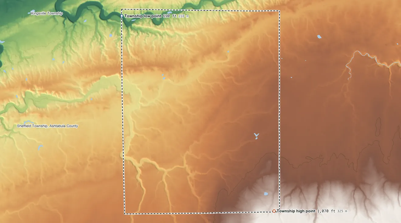 Topographic elevation map of Monroe Township, Ashtabula County, Ohio, shaded from 690 ft on the northwest side to 1,070 ft on the southeast side