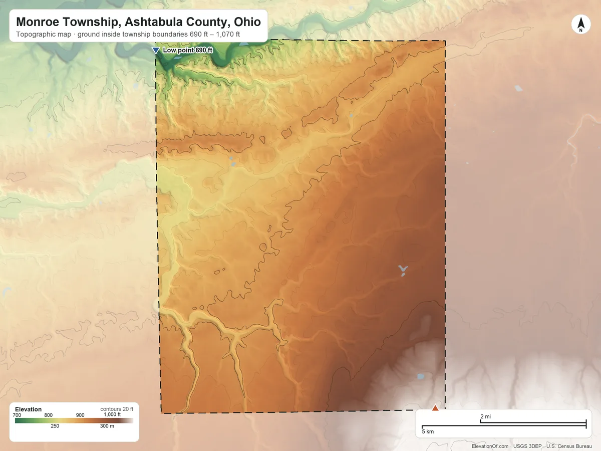 Topographic elevation map of Monroe Township, Ashtabula County, Ohio, shaded from 690 ft on the northwest side to 1,070 ft on the southeast side