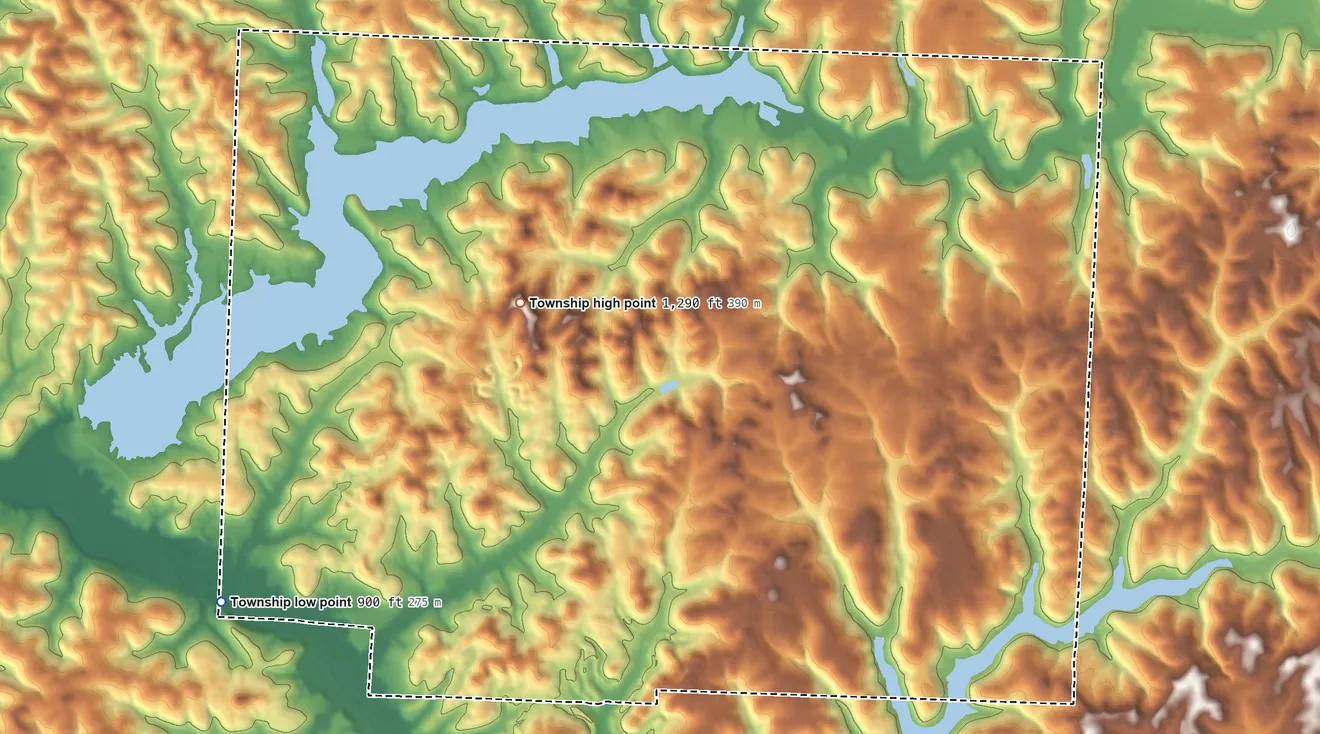 Topographic elevation map of Monroe Township, Carroll County, Ohio, shaded from 900 ft on the southwest side to 1,290 ft on the west side