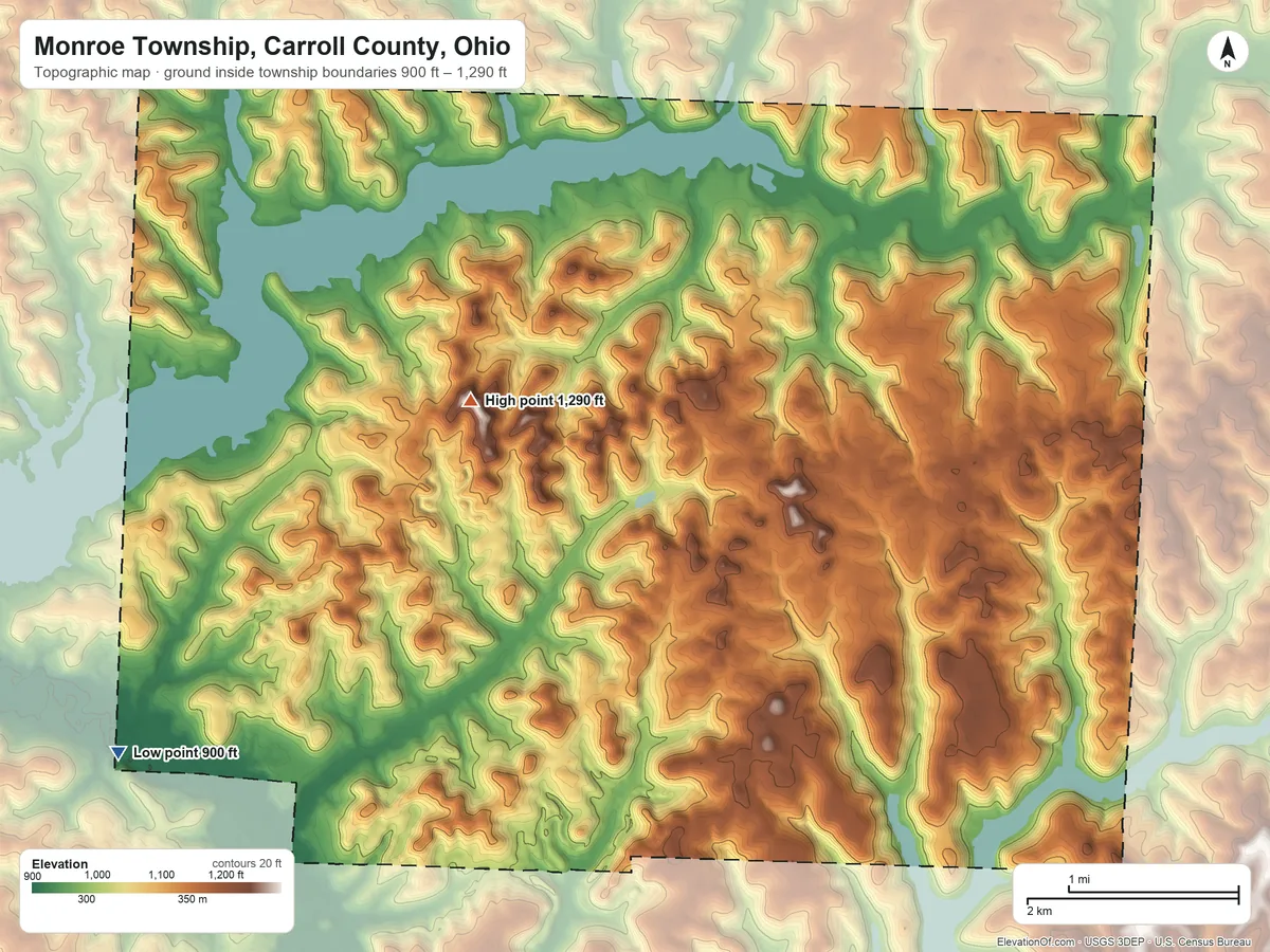 Topographic elevation map of Monroe Township, Carroll County, Ohio, shaded from 900 ft on the southwest side to 1,290 ft on the west side