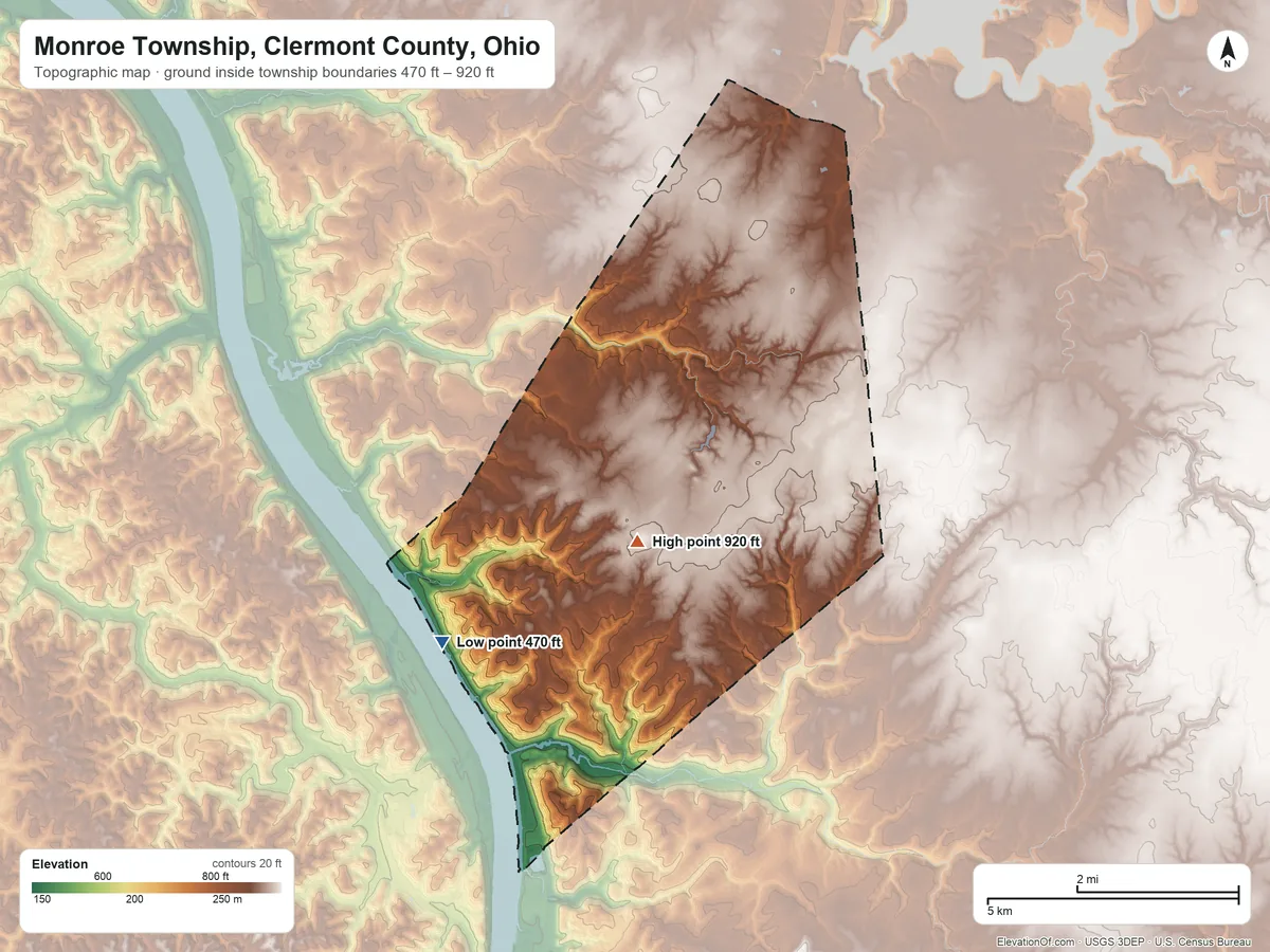 Topographic elevation map of Monroe Township, Clermont County, Ohio, shaded from 470 ft on the southwest side to 920 ft on the southwest side
