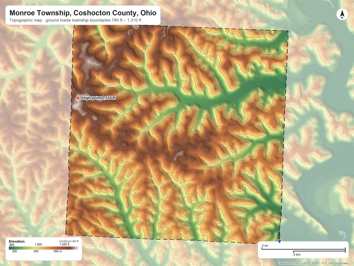 Topographic elevation map of Monroe Township, Coshocton County, Ohio, shaded from 780 ft on the southeast side to 1,310 ft on the west side