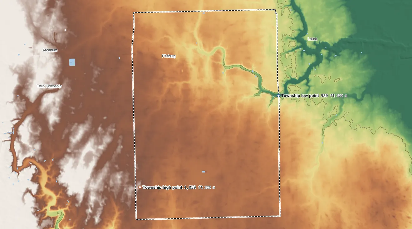 Topographic elevation map of Monroe Township, Darke County, Ohio, shaded from 980 ft on the east side to 1,050 ft on the southwest side