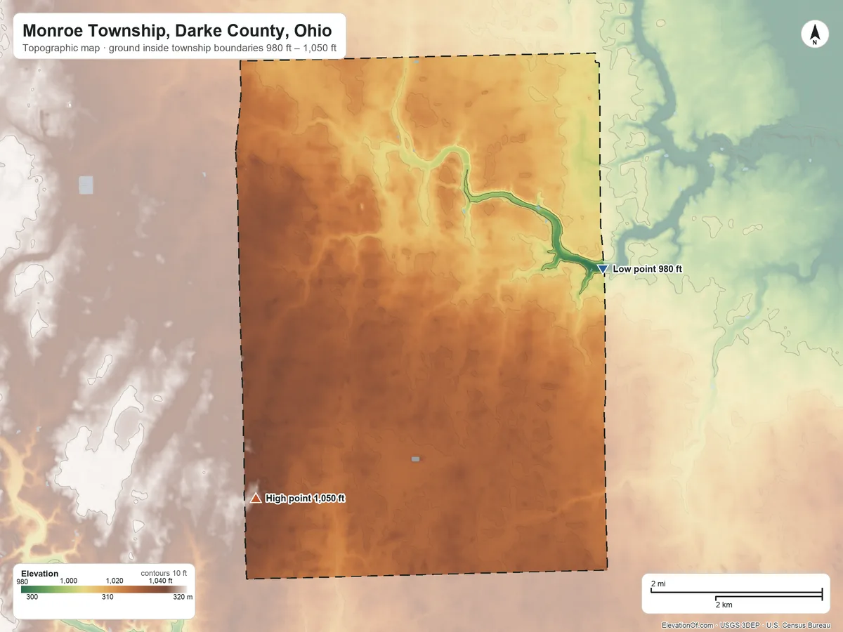 Topographic elevation map of Monroe Township, Darke County, Ohio, shaded from 980 ft on the east side to 1,050 ft on the southwest side