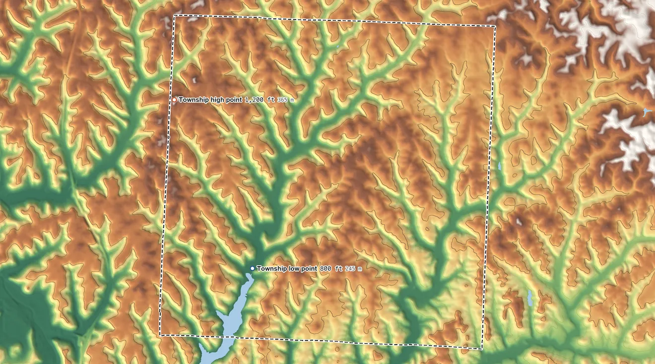 Topographic elevation map of Monroe Township, Guernsey County, Ohio, shaded from 800 ft on the southwest side to 1,200 ft on the northwest side