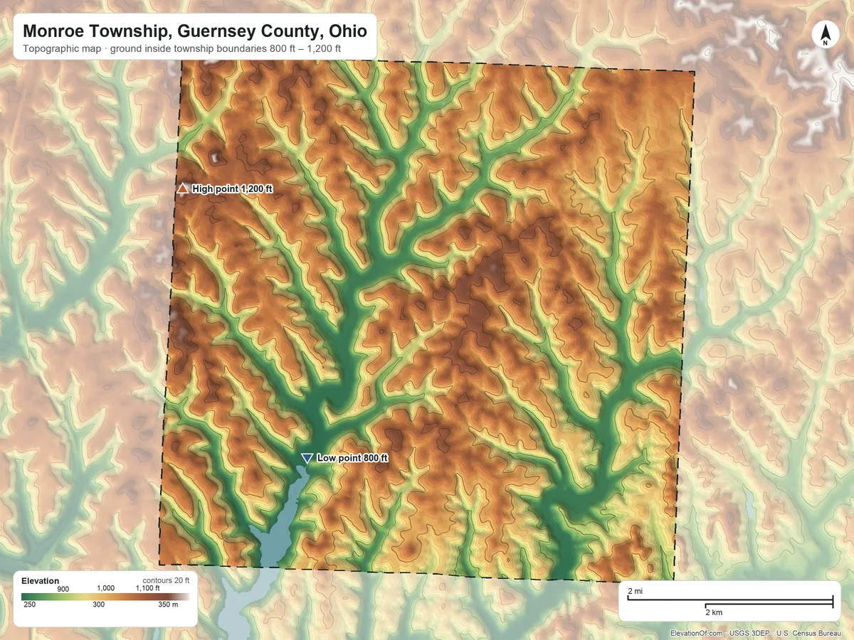 Topographic elevation map of Monroe Township, Guernsey County, Ohio, shaded from 800 ft on the southwest side to 1,200 ft on the northwest side