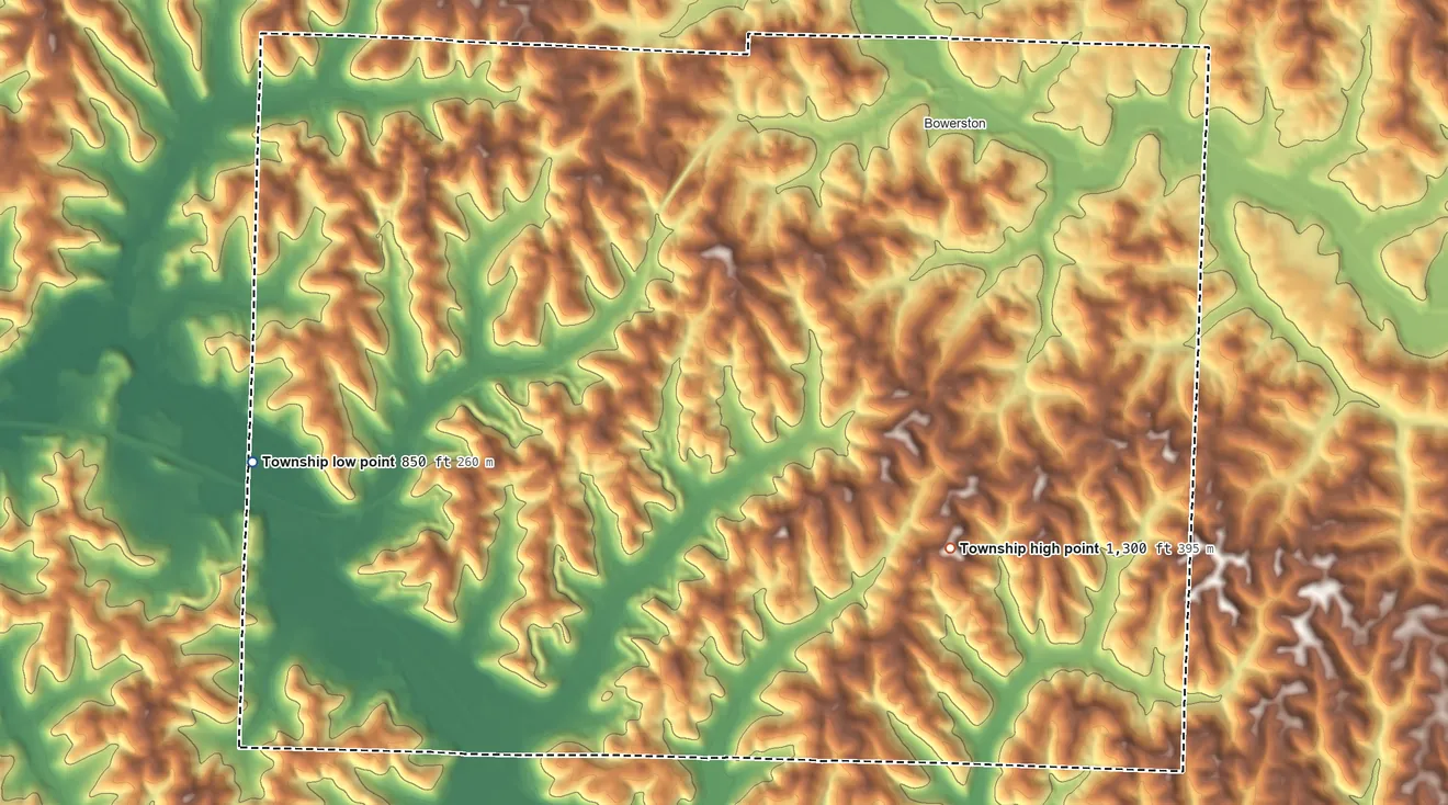 Topographic elevation map of Monroe Township, Harrison County, Ohio, shaded from 850 ft on the southwest side to 1,300 ft on the south side
