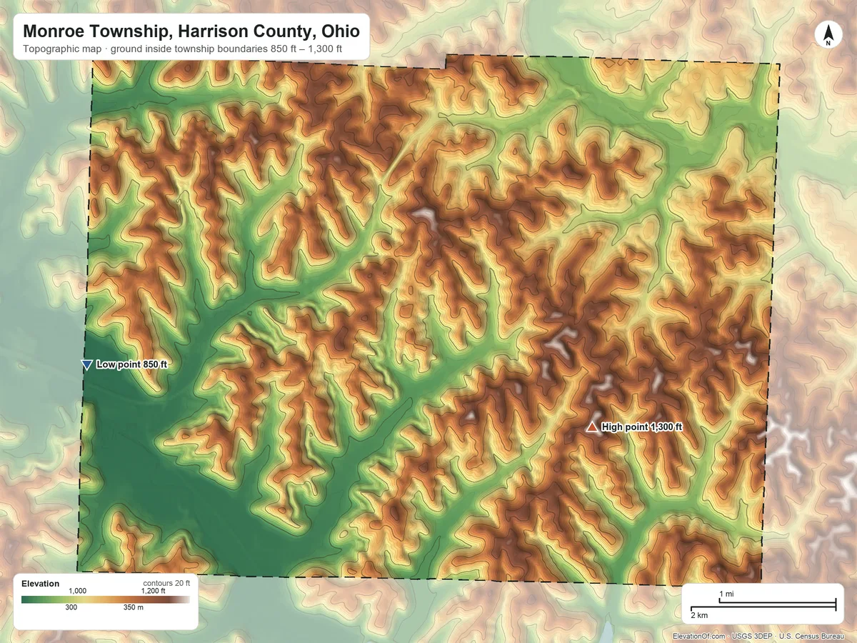 Topographic elevation map of Monroe Township, Harrison County, Ohio, shaded from 850 ft on the southwest side to 1,300 ft on the south side
