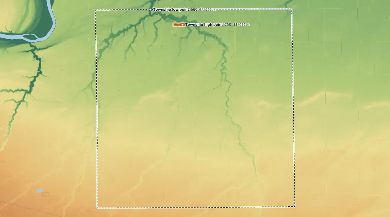 Topographic elevation map of Monroe Township, Henry County, Ohio, shaded from 660 ft on the northwest side to 750 ft on the north side
