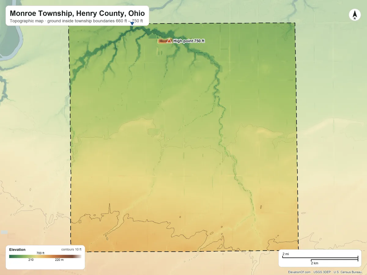 Topographic elevation map of Monroe Township, Henry County, Ohio, shaded from 660 ft on the northwest side to 750 ft on the north side