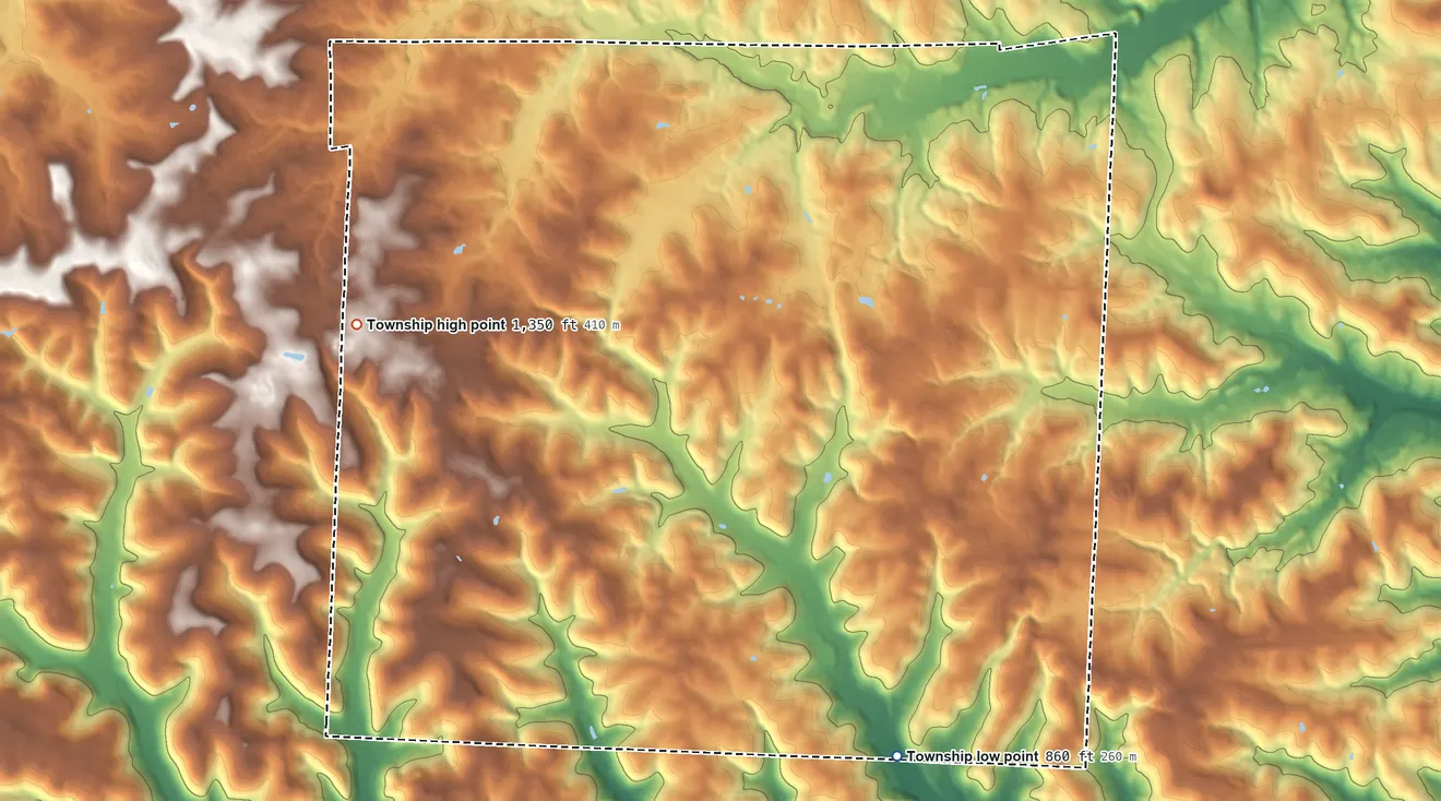 Topographic elevation map of Monroe Township, Holmes County, Ohio, shaded from 860 ft on the south side to 1,350 ft on the west side