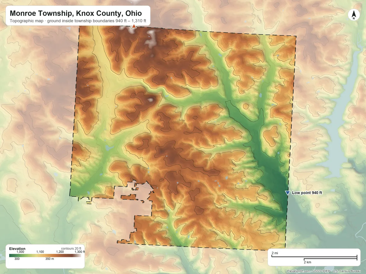Topographic elevation map of Monroe Township, Knox County, Ohio, shaded from 940 ft on the southeast side to 1,310 ft on the north side