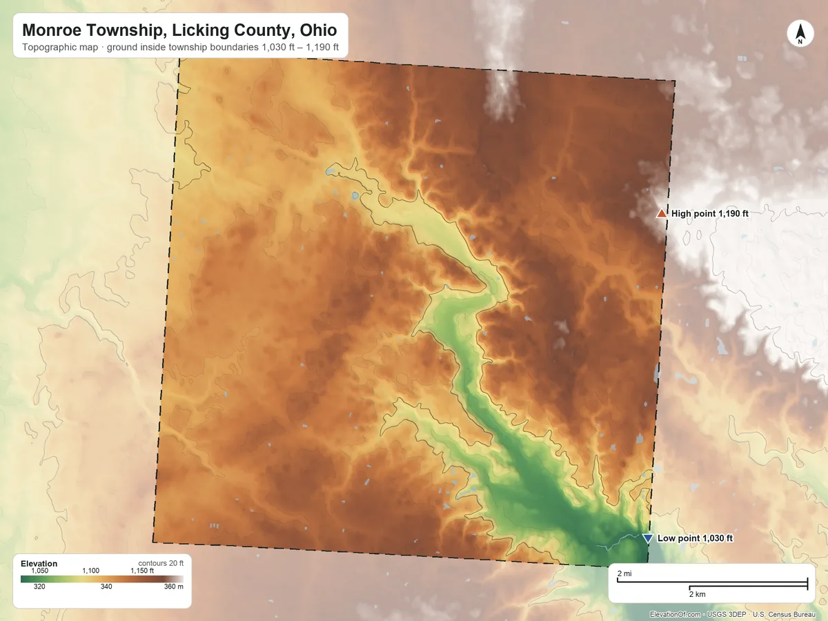 Topographic elevation map of Monroe Township, Licking County, Ohio, shaded from 1,030 ft on the southeast side to 1,190 ft on the northeast side