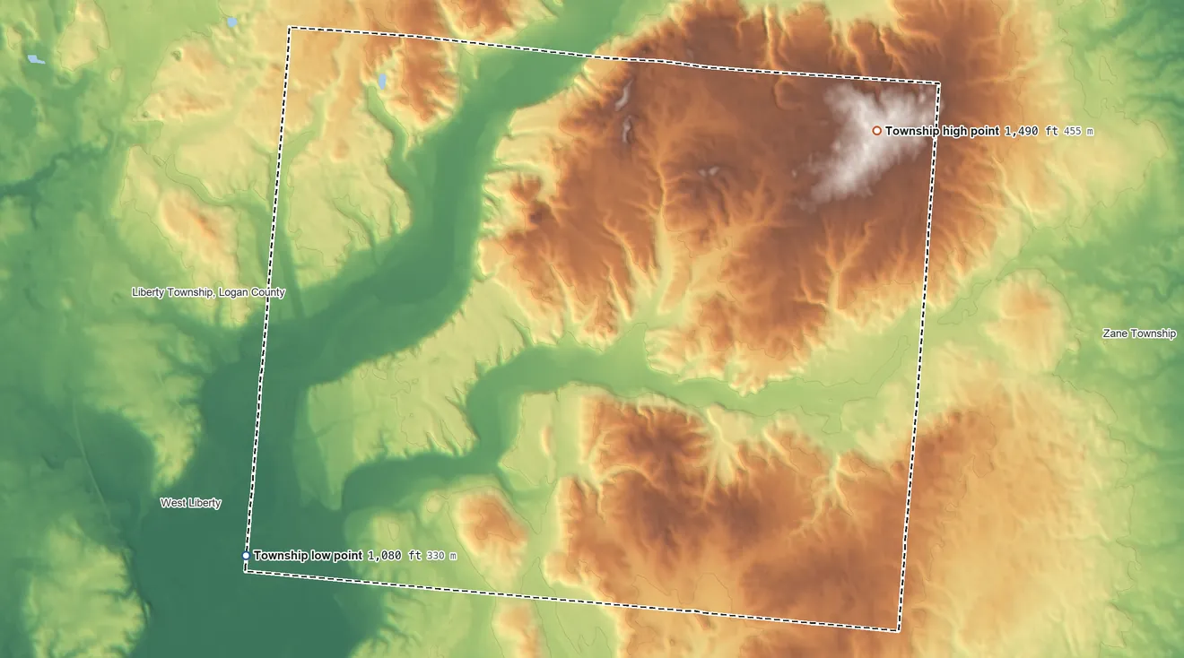 Topographic elevation map of Monroe Township, Logan County, Ohio, shaded from 1,080 ft on the southwest side to 1,490 ft on the northeast side