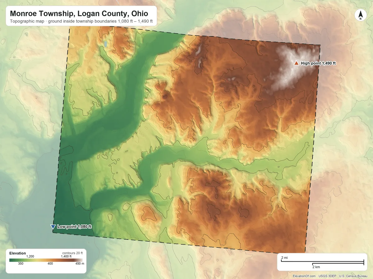 Topographic elevation map of Monroe Township, Logan County, Ohio, shaded from 1,080 ft on the southwest side to 1,490 ft on the northeast side