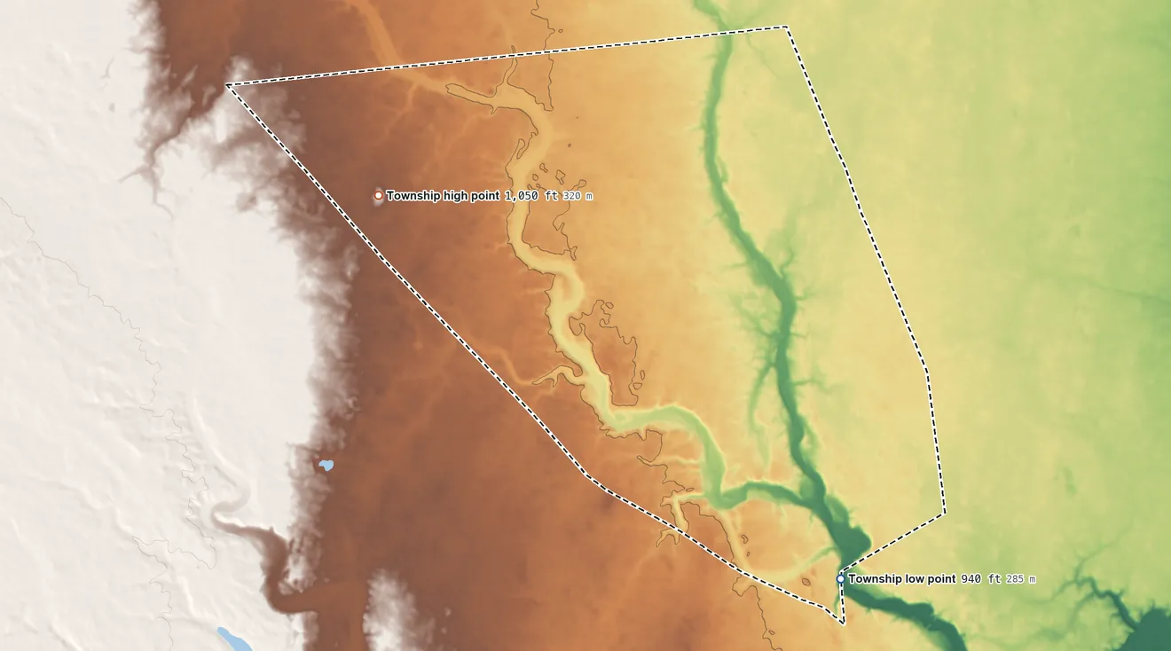 Topographic elevation map of Monroe Township, Madison County, Ohio, shaded from 940 ft on the southeast side to 1,050 ft on the northwest side