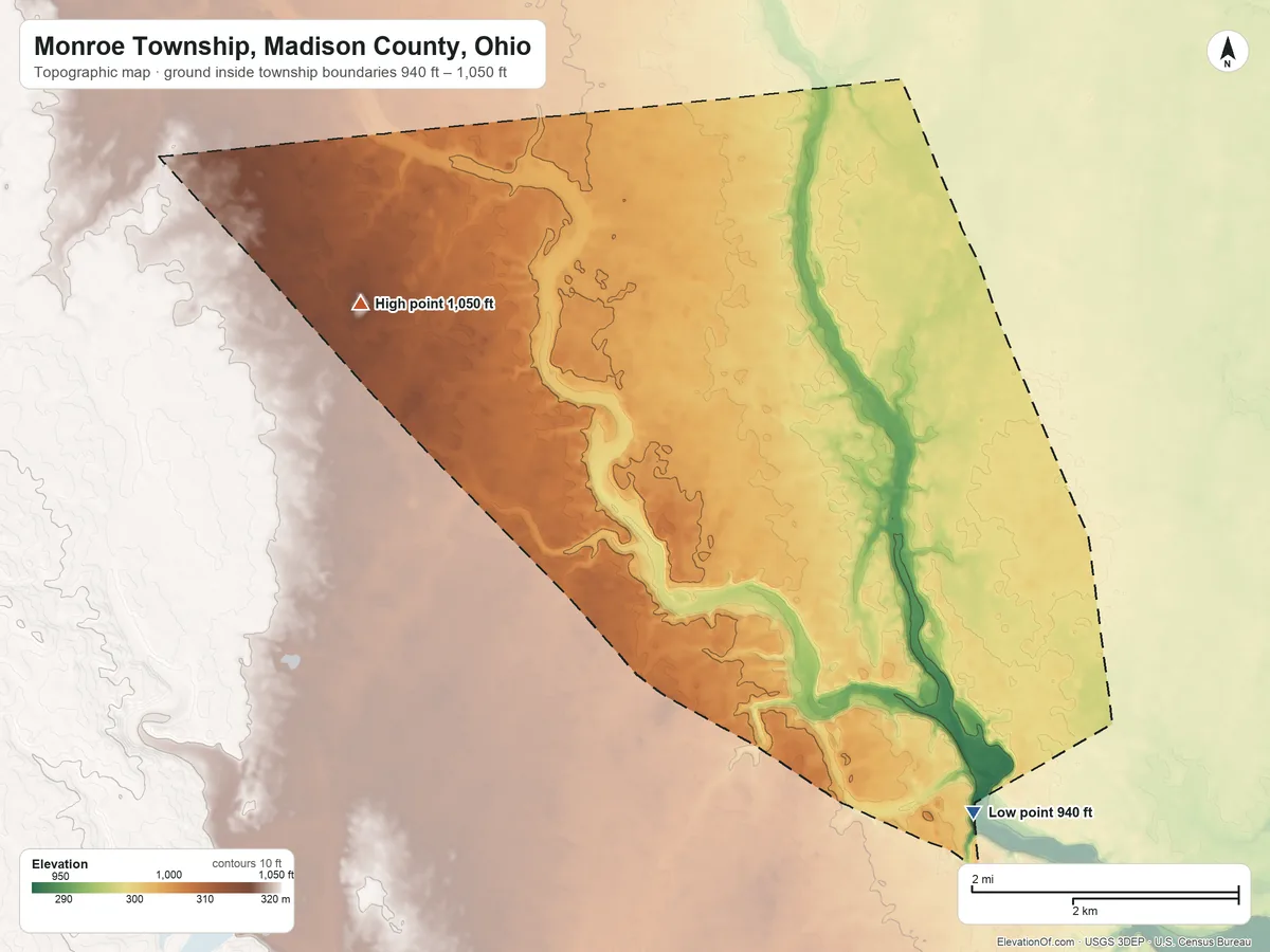 Topographic elevation map of Monroe Township, Madison County, Ohio, shaded from 940 ft on the southeast side to 1,050 ft on the northwest side