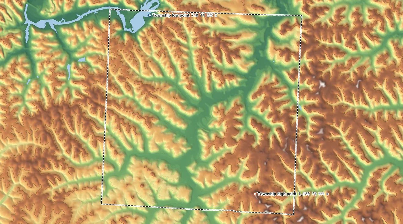 Topographic elevation map of Monroe Township, Muskingum County, Ohio, shaded from 740 ft on the north side to 1,180 ft on the southeast side