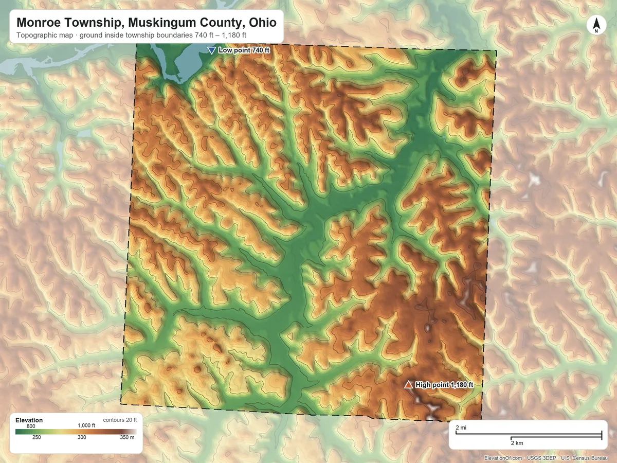 Topographic elevation map of Monroe Township, Muskingum County, Ohio, shaded from 740 ft on the north side to 1,180 ft on the southeast side