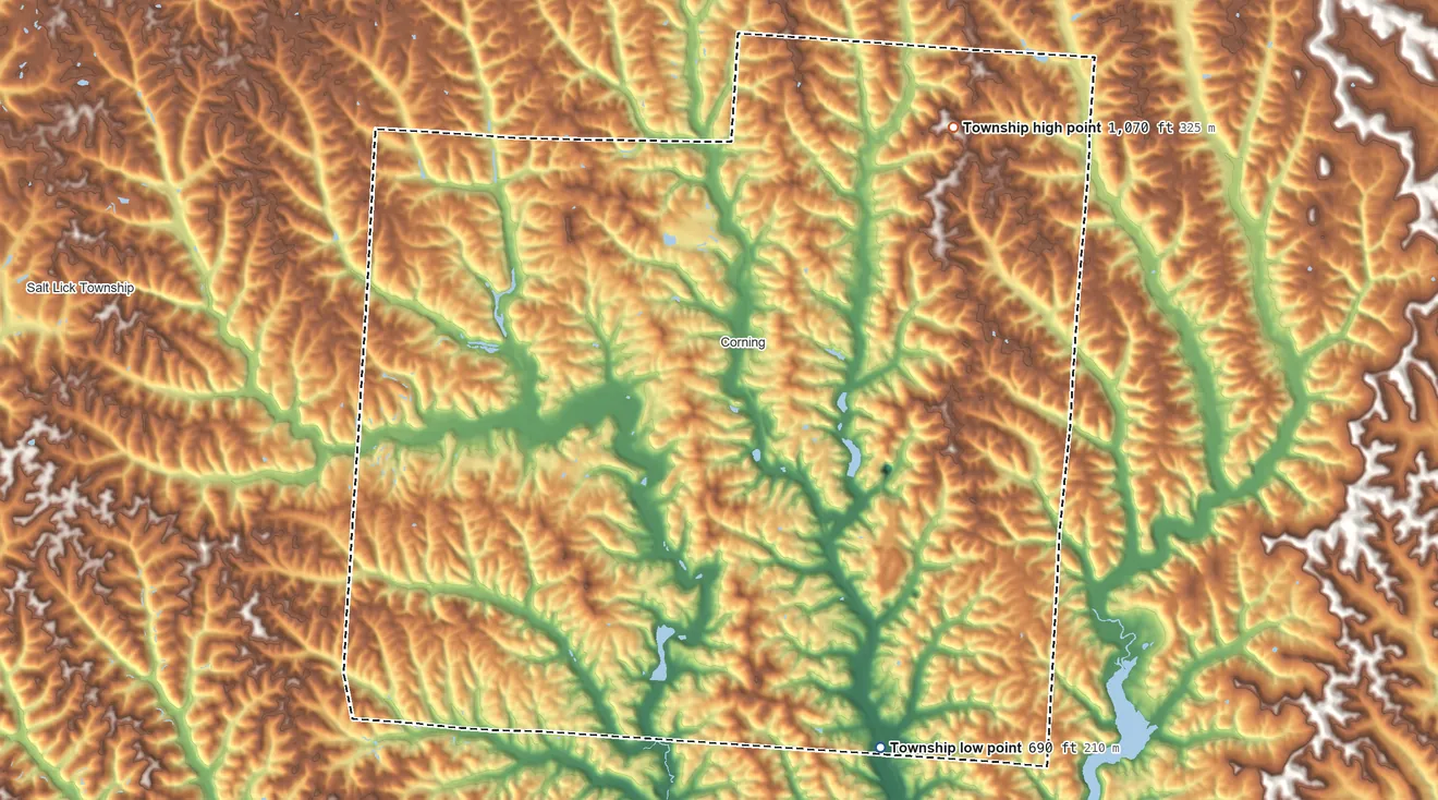 Topographic elevation map of Monroe Township, Perry County, Ohio, shaded from 690 ft on the south side to 1,070 ft on the northeast side