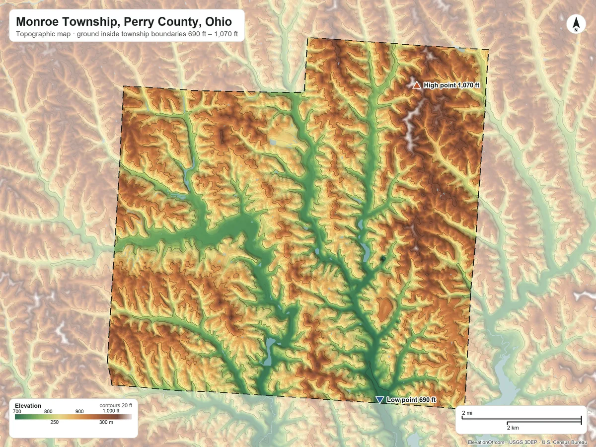 Topographic elevation map of Monroe Township, Perry County, Ohio, shaded from 690 ft on the south side to 1,070 ft on the northeast side