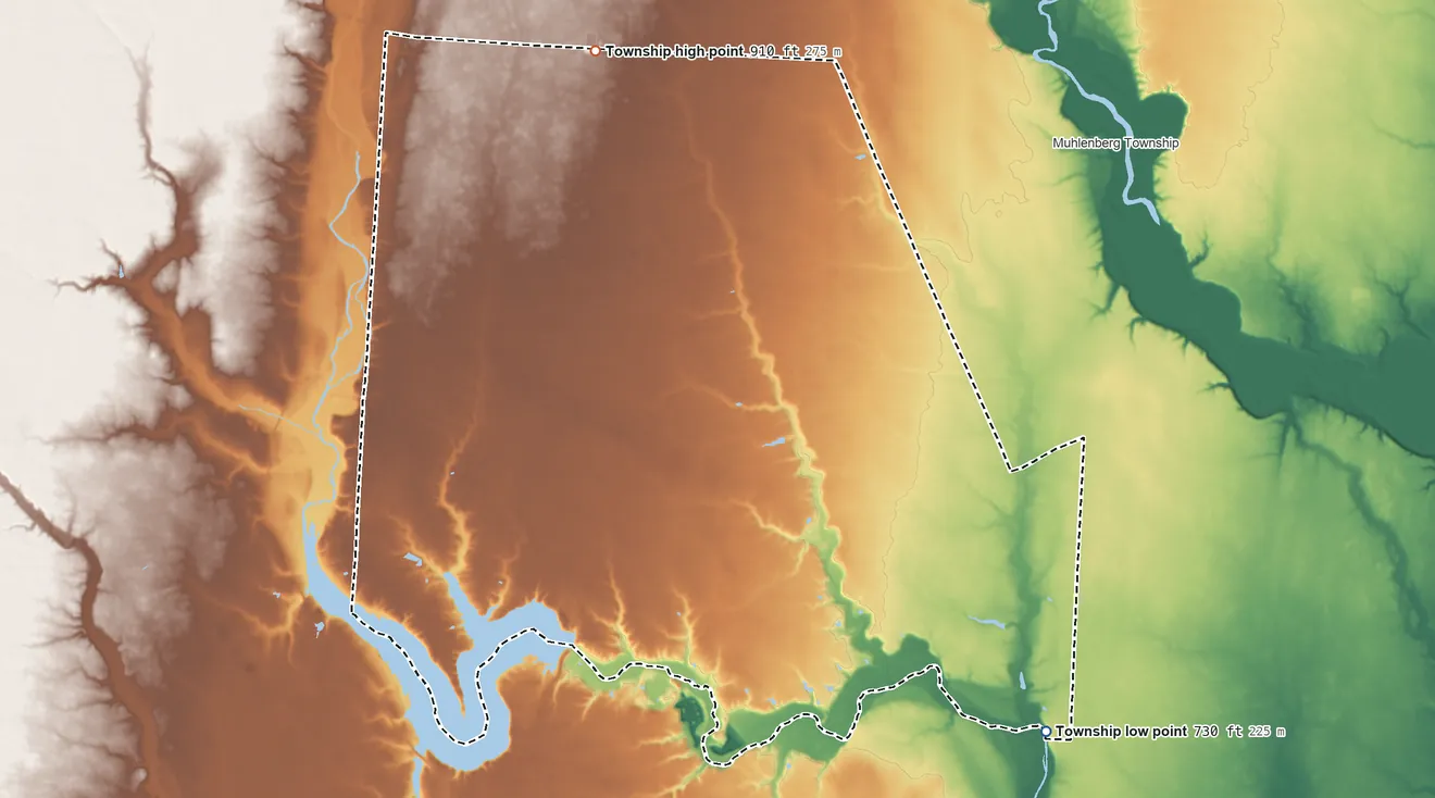 Topographic elevation map of Monroe Township, Pickaway County, Ohio, shaded from 730 ft on the southeast side to 910 ft on the northwest side