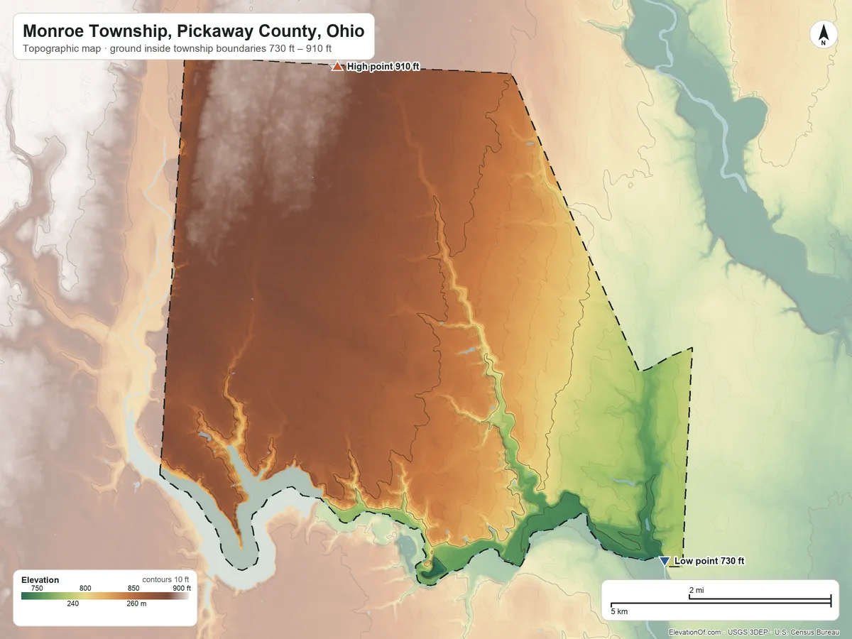 Topographic elevation map of Monroe Township, Pickaway County, Ohio, shaded from 730 ft on the southeast side to 910 ft on the northwest side
