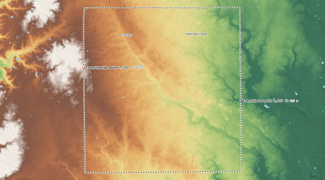 Topographic elevation map of Monroe Township, Preble County, Ohio, shaded from 1,040 ft on the east side to 1,200 ft on the west side
