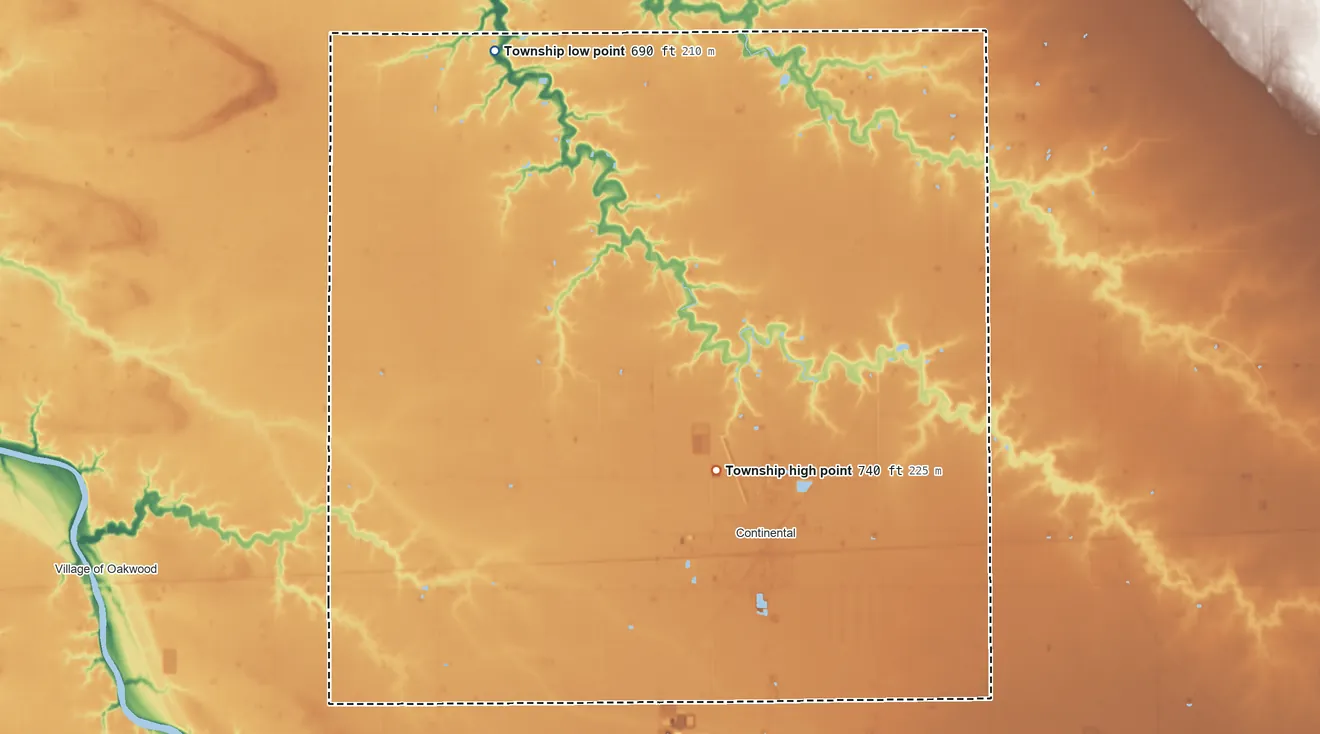 Topographic elevation map of Monroe Township, Putnam County, Ohio, shaded from 690 ft on the northwest side to 740 ft near the middle