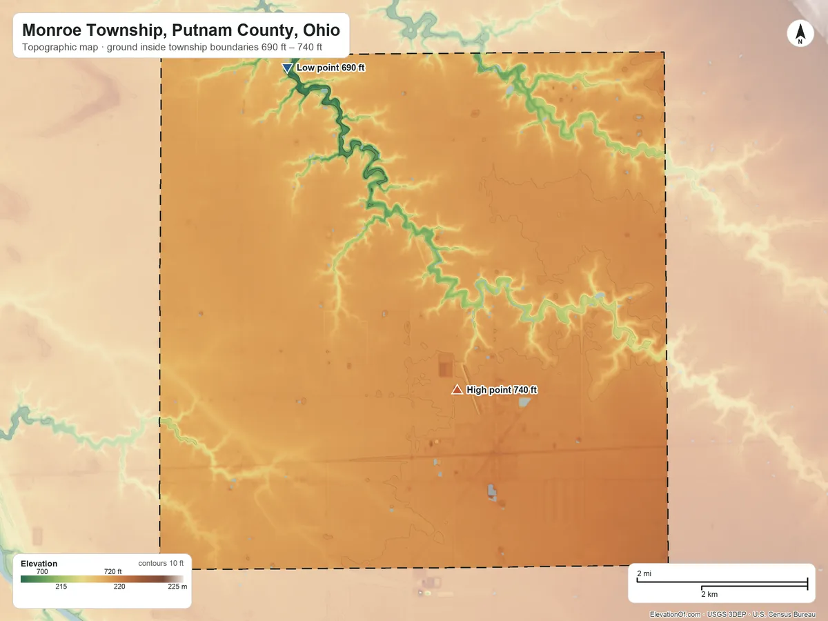 Topographic elevation map of Monroe Township, Putnam County, Ohio, shaded from 690 ft on the northwest side to 740 ft near the middle