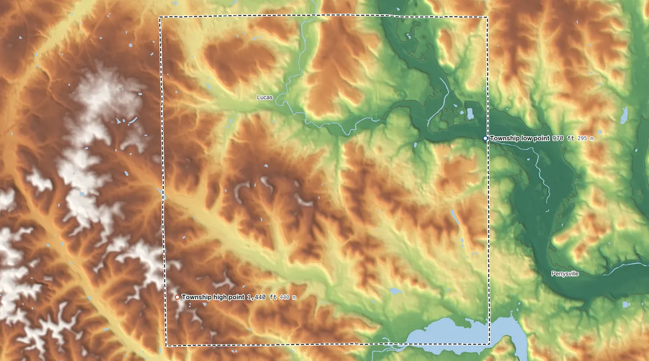 Topographic elevation map of Monroe Township, Richland County, Ohio, shaded from 970 ft on the east side to 1,440 ft on the southwest side