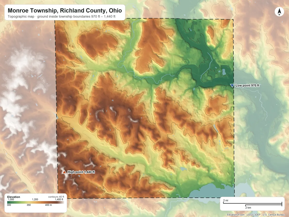 Topographic elevation map of Monroe Township, Richland County, Ohio, shaded from 970 ft on the east side to 1,440 ft on the southwest side