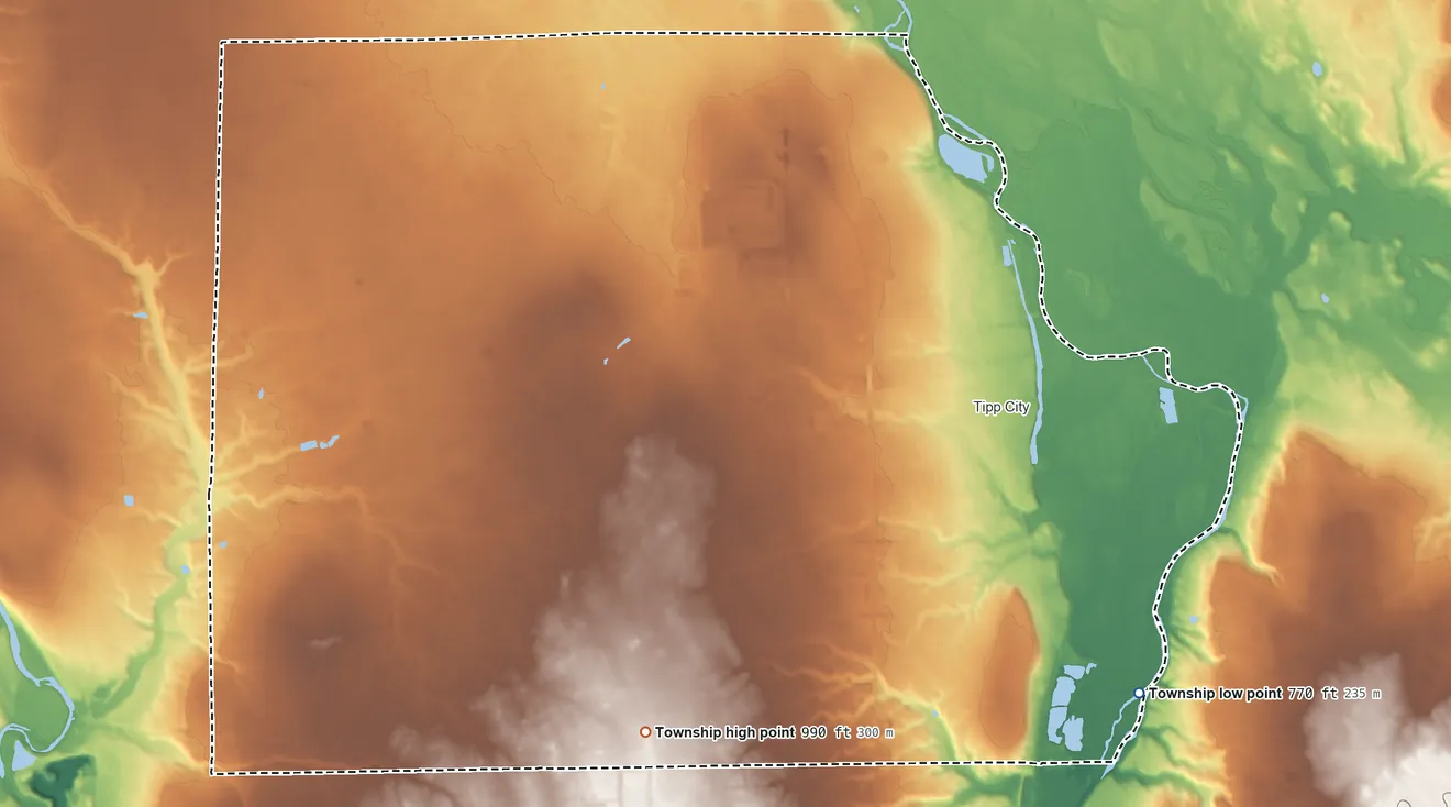 Topographic elevation map of Monroe Township, Ohio, shaded from 770 ft on the southeast side to 990 ft on the southwest side