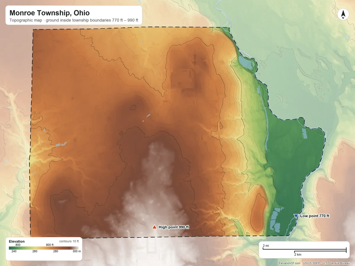 Topographic elevation map of Monroe Township, Ohio, shaded from 770 ft on the southeast side to 990 ft on the southwest side